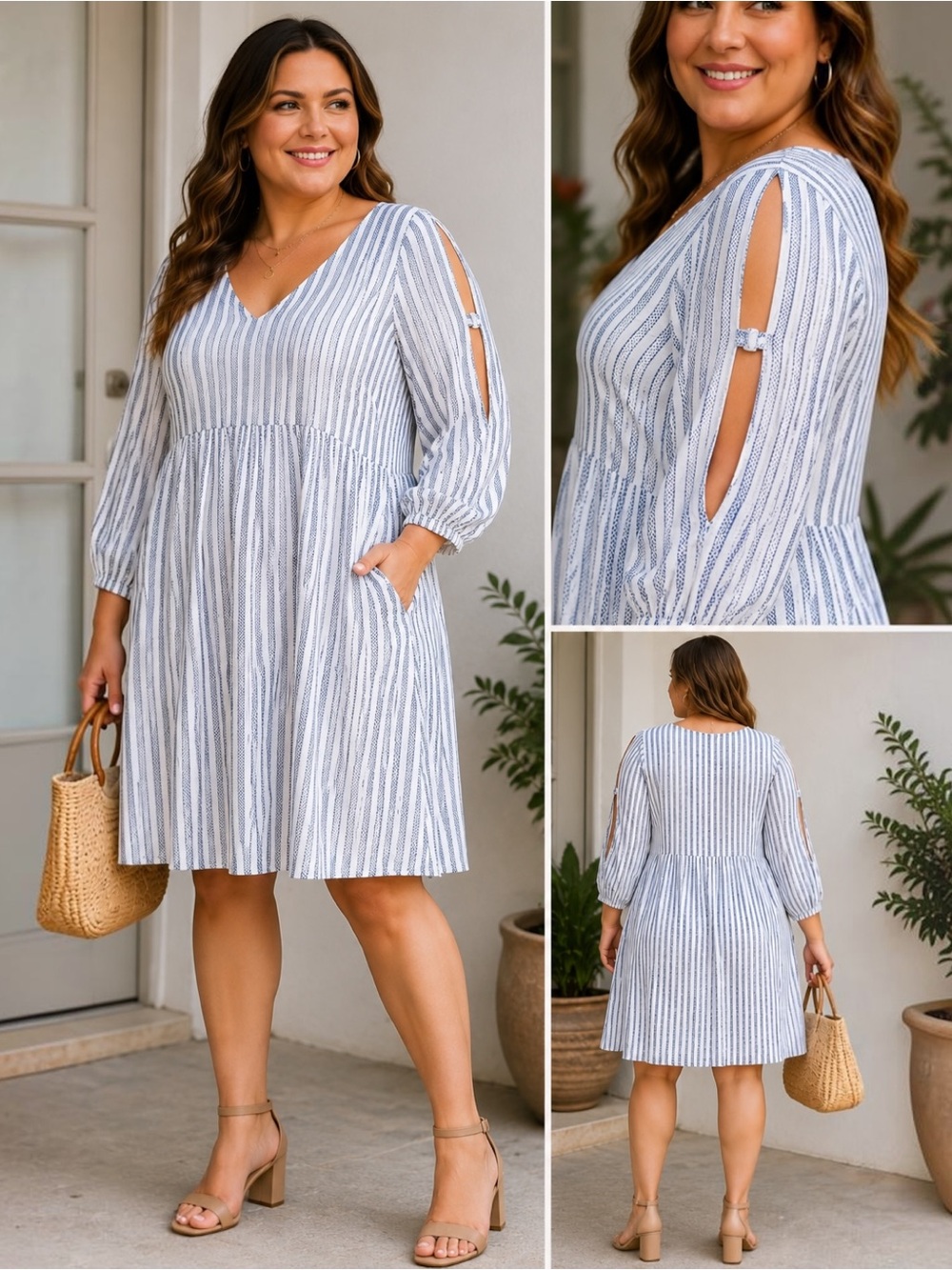 Ellos Plus Size 24 Blue White Striped Rayon Split Sleeve Boho Empire Dress